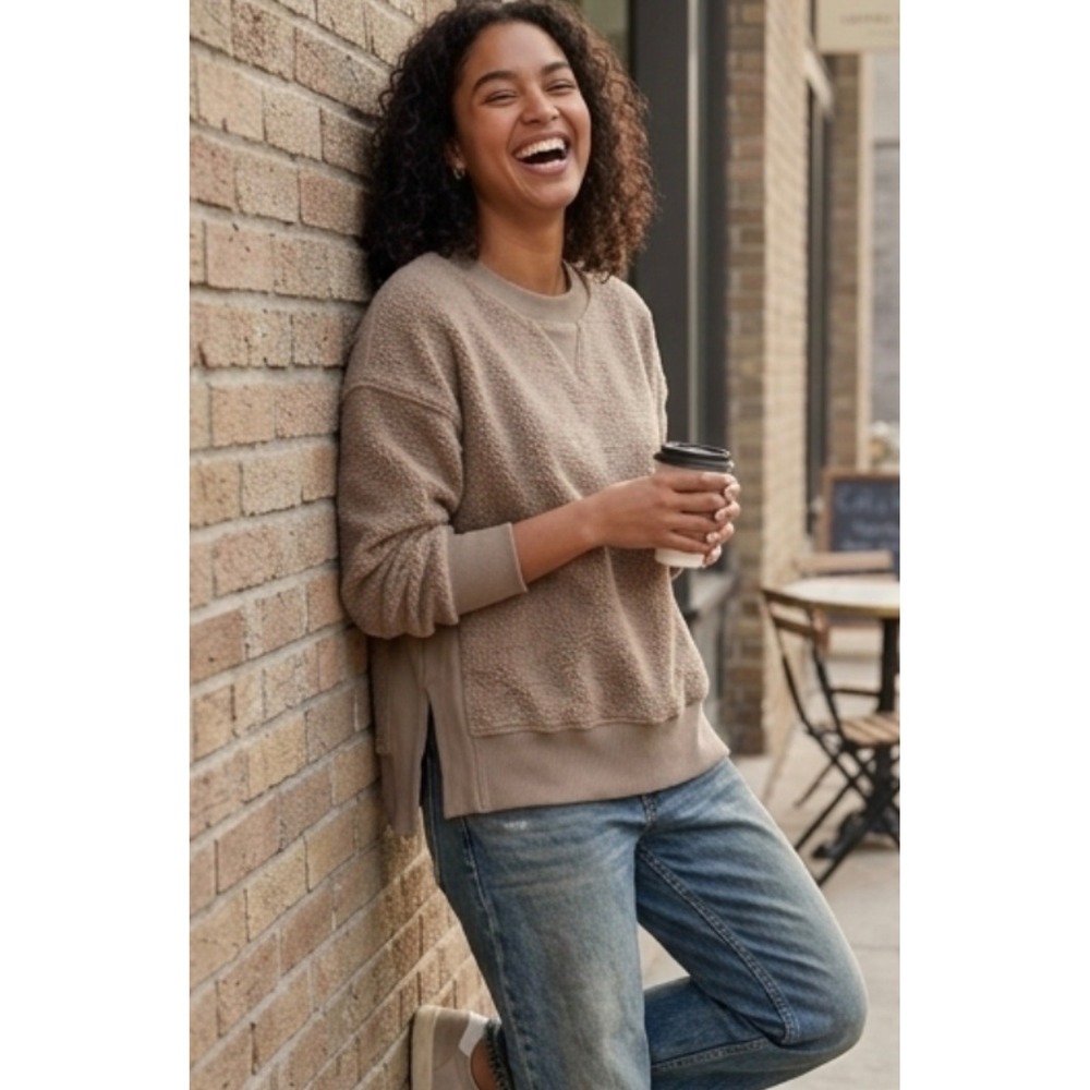Aerie Chilled Out Sherpa Sweatshirt Taupe Brown Fleece Ribbed Pullover Small